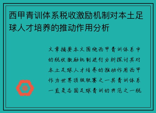 西甲青训体系税收激励机制对本土足球人才培养的推动作用分析