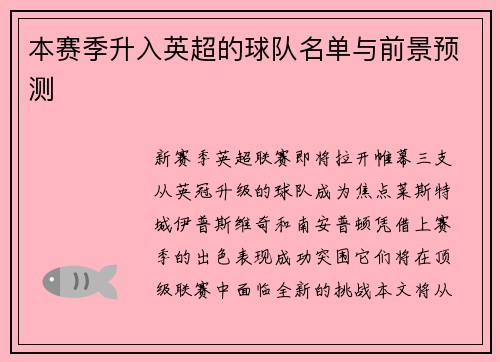 本赛季升入英超的球队名单与前景预测